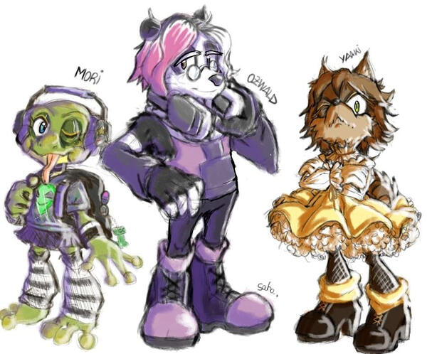 (EX) Chibi's colored sketch- Mori, Ozwald and Yaaki!(Sonic's OCs designs from my friends and me)